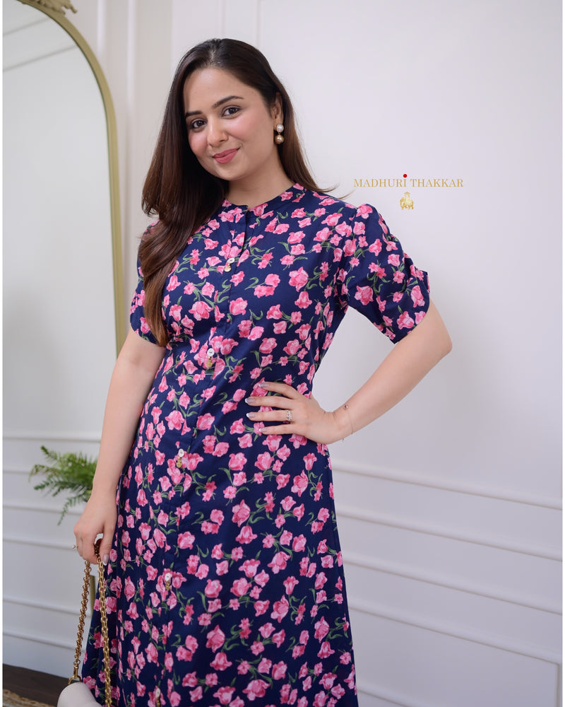 Navy Blue Rose Cotton A Line Dress