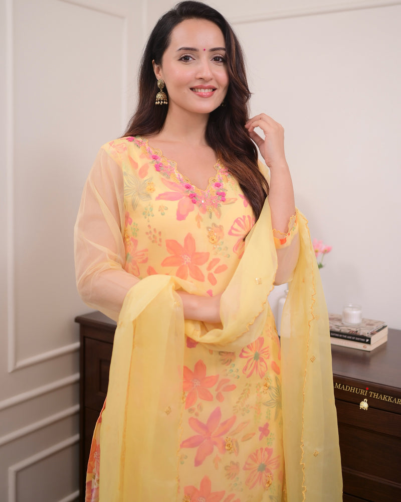 Yellow Floral Handwork Organza Suit