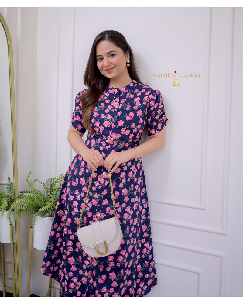Navy Blue Rose Cotton A Line Dress
