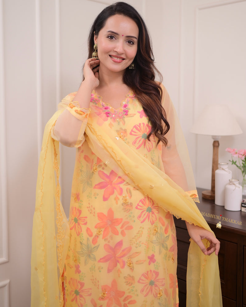 Yellow Floral Handwork Organza Suit