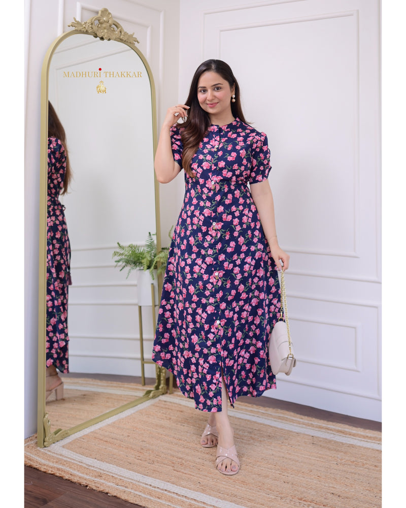 Navy Blue Rose Cotton A Line Dress