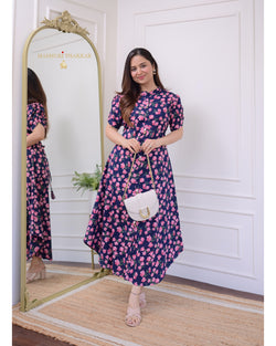 Navy Blue Rose Cotton A Line Dress