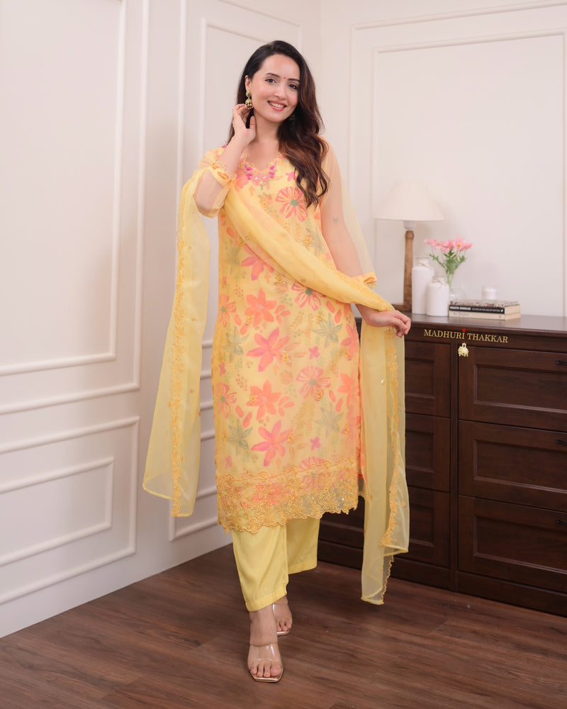 Yellow Floral Handwork Organza Suit