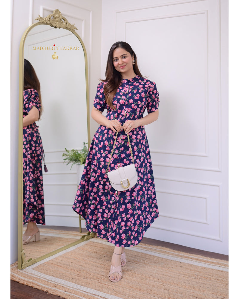 Navy Blue Rose Cotton A Line Dress
