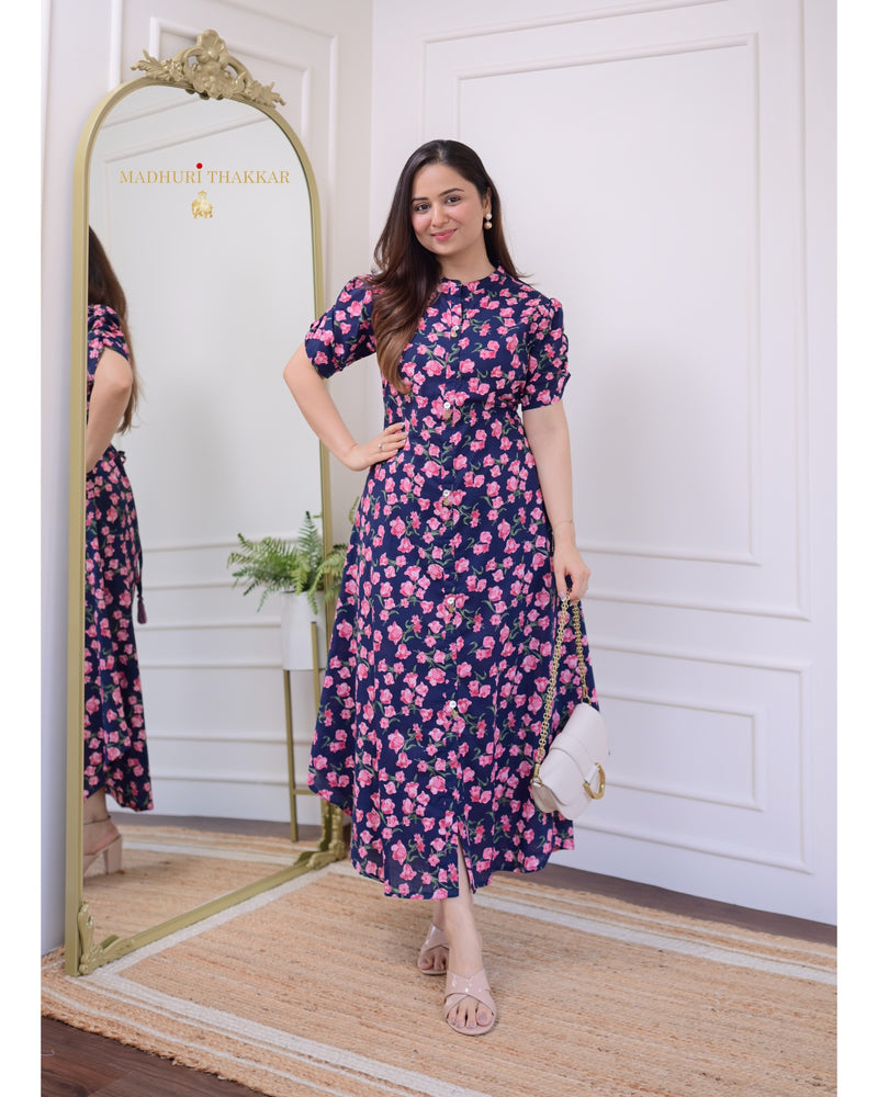 Navy Blue Rose Cotton A Line Dress