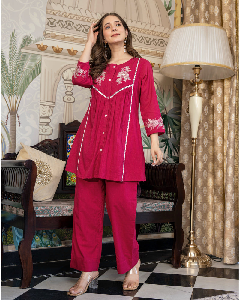 Raspberry Blossom Threaded Cotton Co-ord