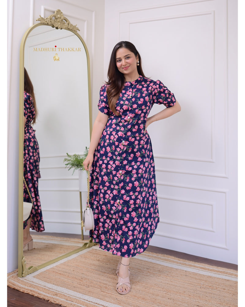 Navy Blue Rose Cotton A Line Dress