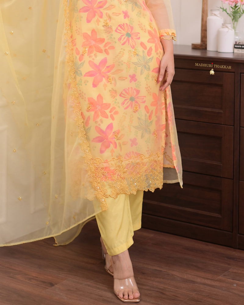 Yellow Floral Handwork Organza Suit