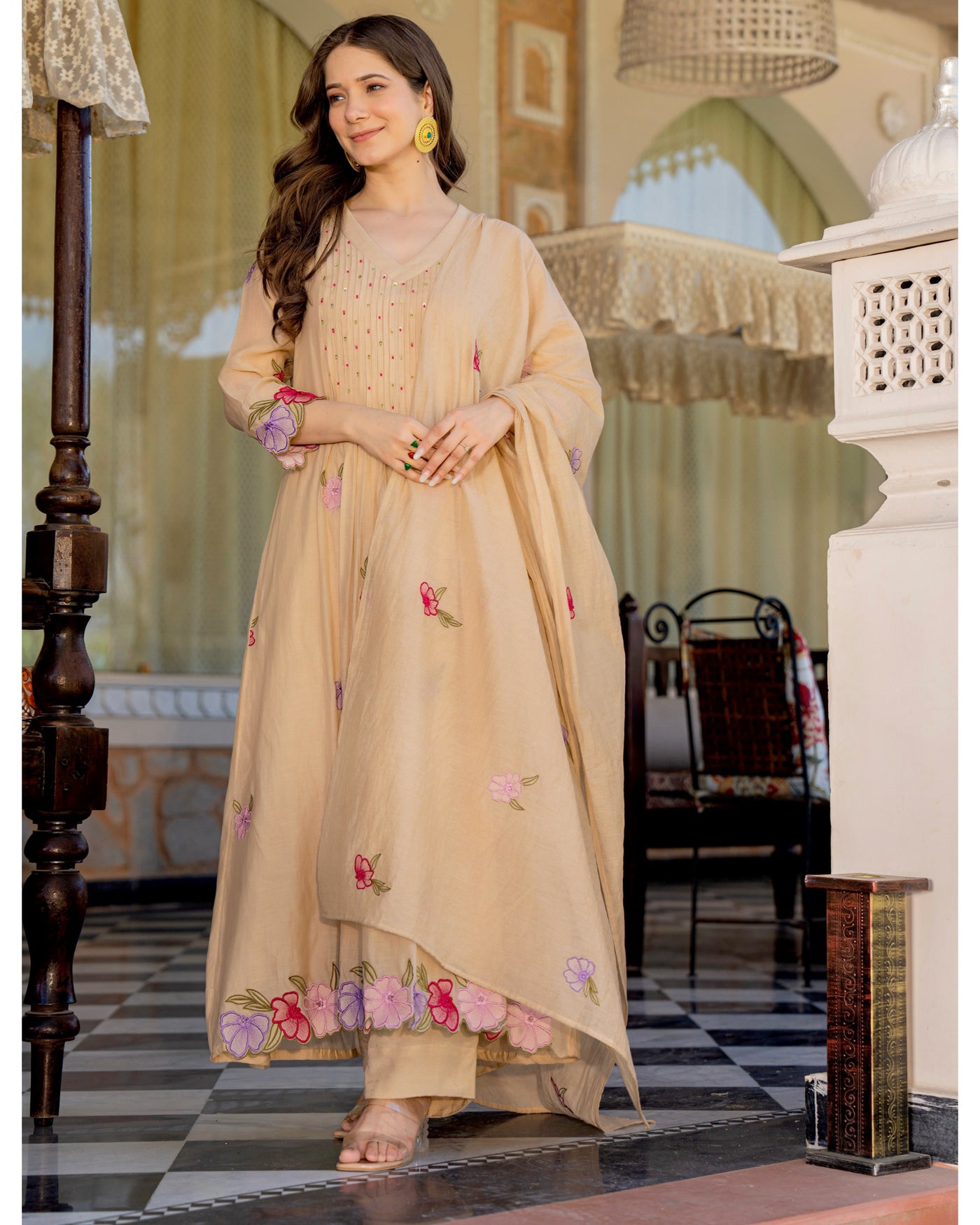 Champagne Gulbahar Mul Chanderi A Line Suit