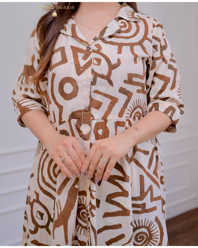Ivory Brown Geometric Cotton A Line Dress