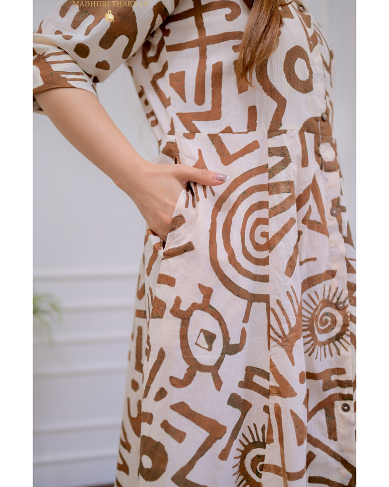 Ivory Brown Geometric Cotton A Line Dress