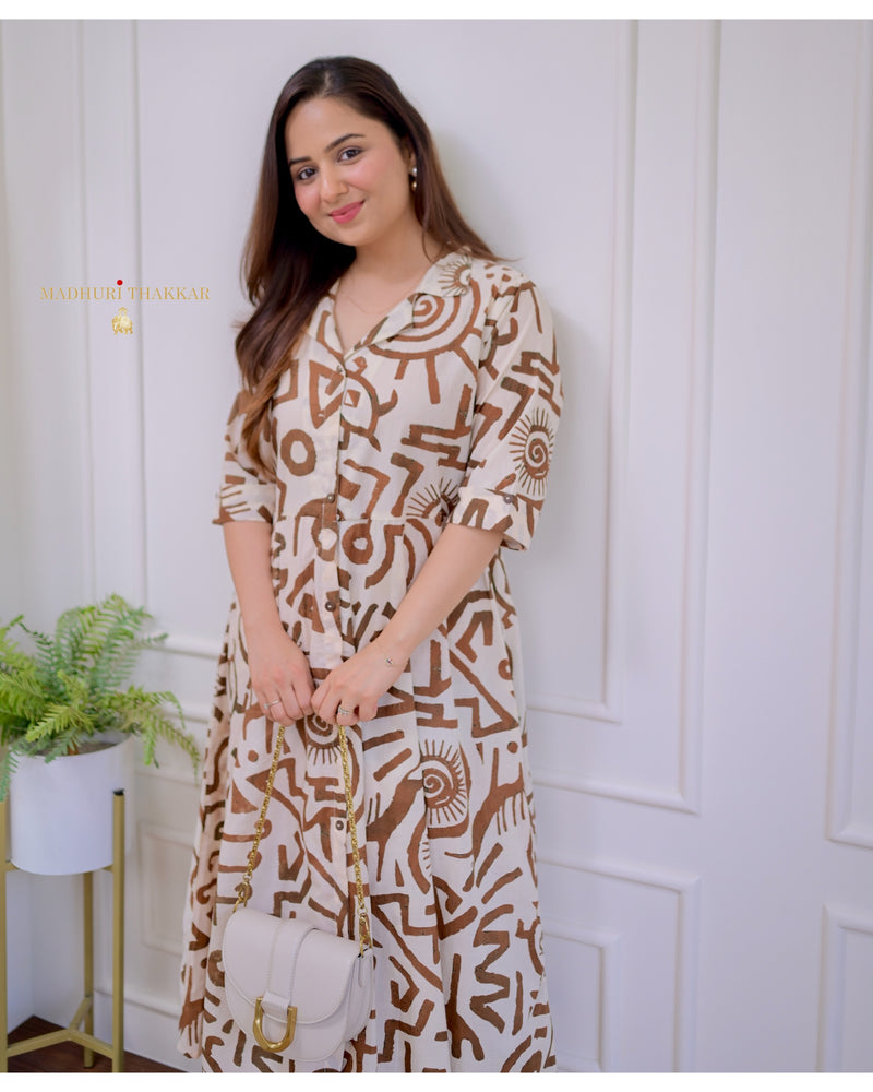 Ivory Brown Geometric Cotton A Line Dress