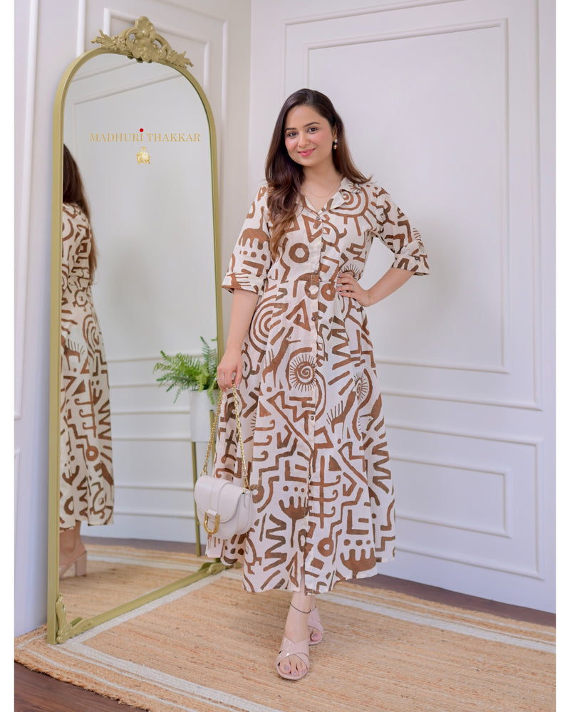 Ivory Brown Geometric Cotton A Line Dress