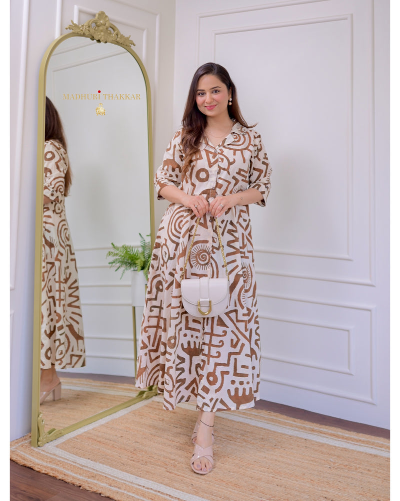 Ivory Brown Geometric Cotton A Line Dress