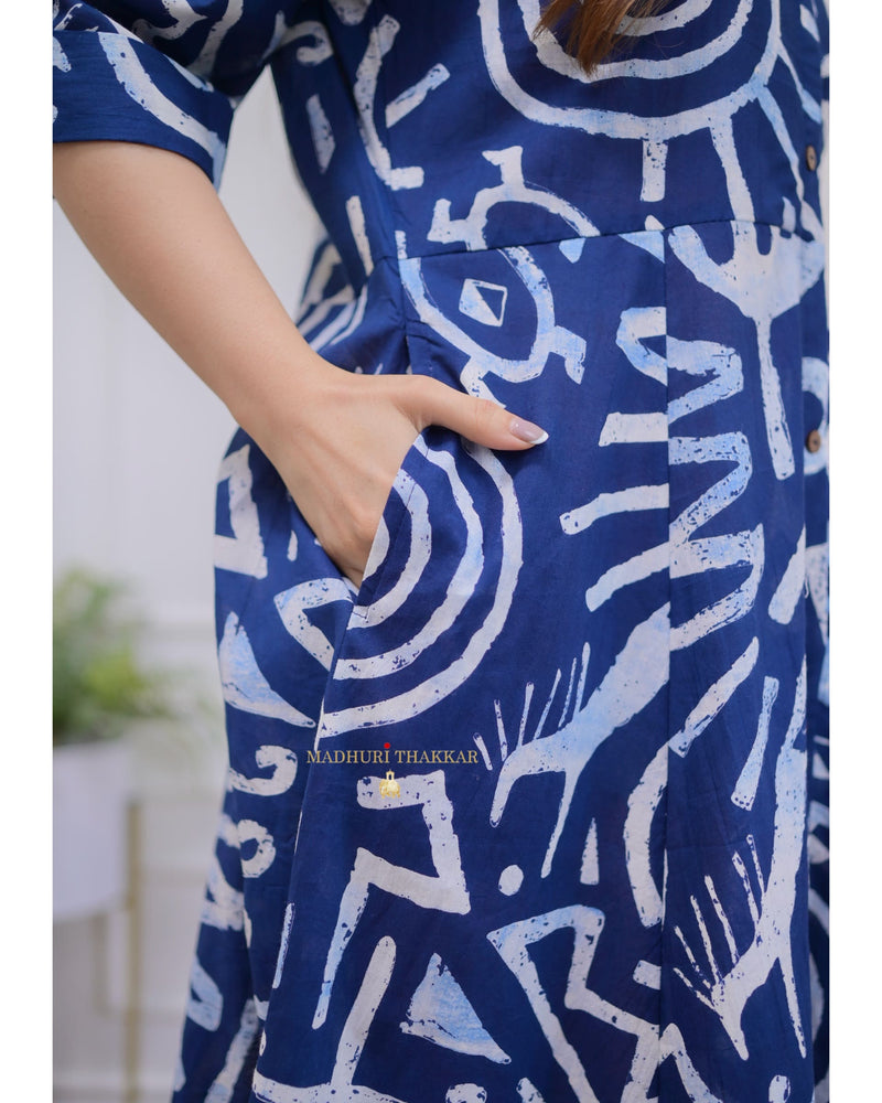 Indigo Blue Geometric Cotton A Line Dress