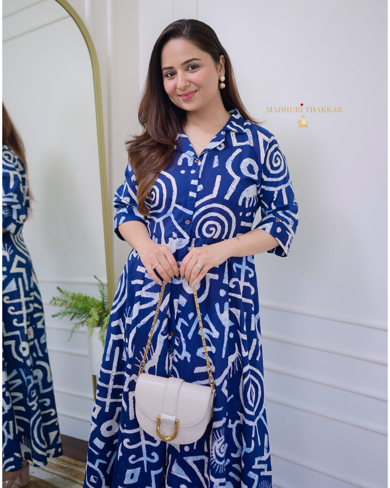 Indigo Blue Geometric Cotton A Line Dress