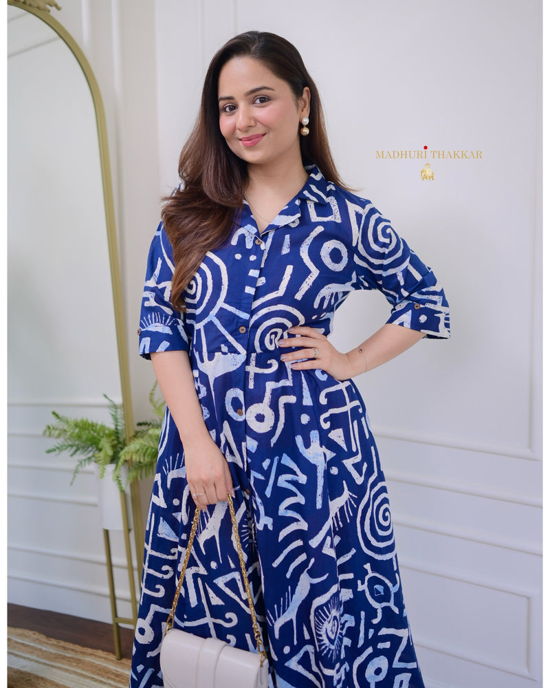 Indigo Blue Geometric Cotton A Line Dress