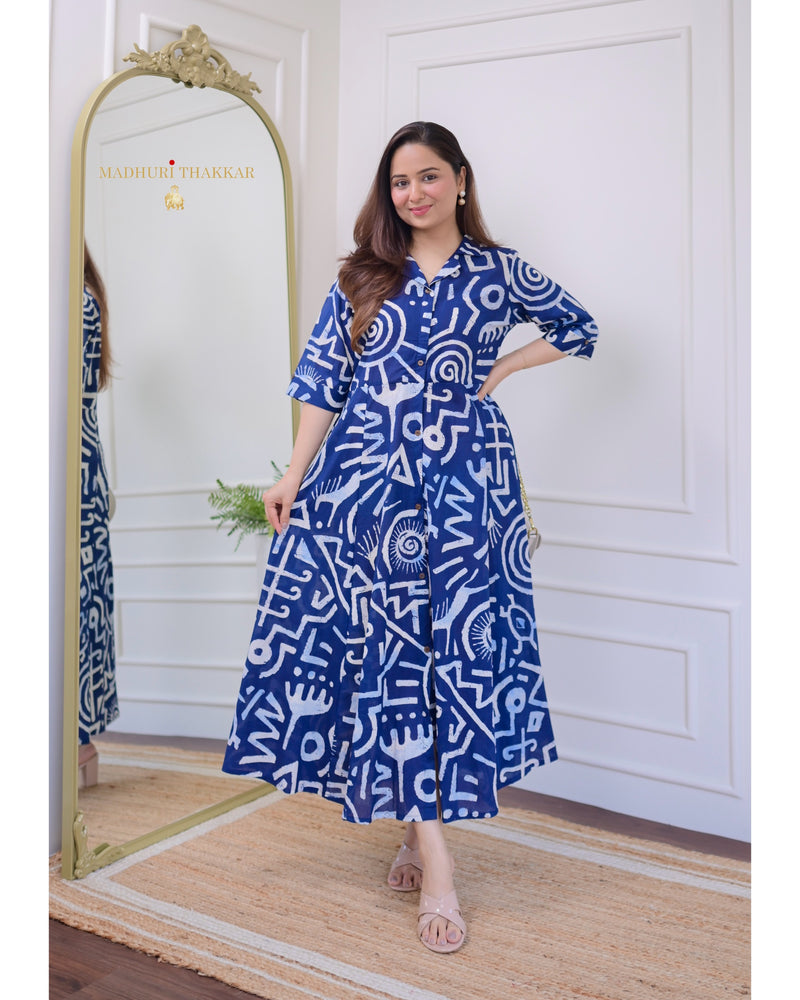 Indigo Blue Geometric Cotton A Line Dress