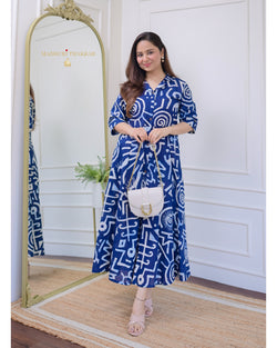 Indigo Blue Geometric Cotton A Line Dress