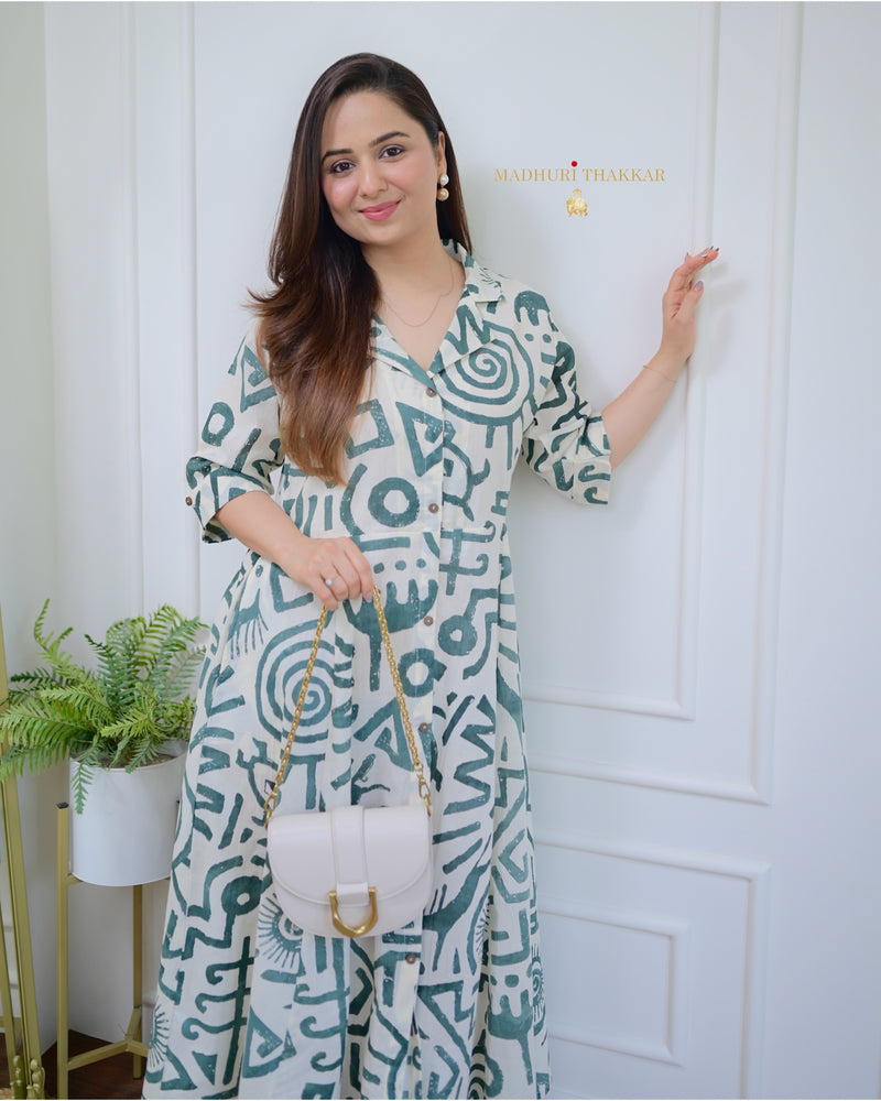 Ivory Green Geometric Cotton A Line Dress