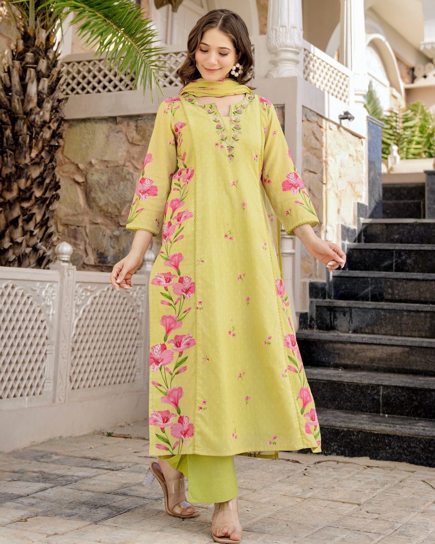 Lime Bloom Floral Handwork Premium Cotton Suit