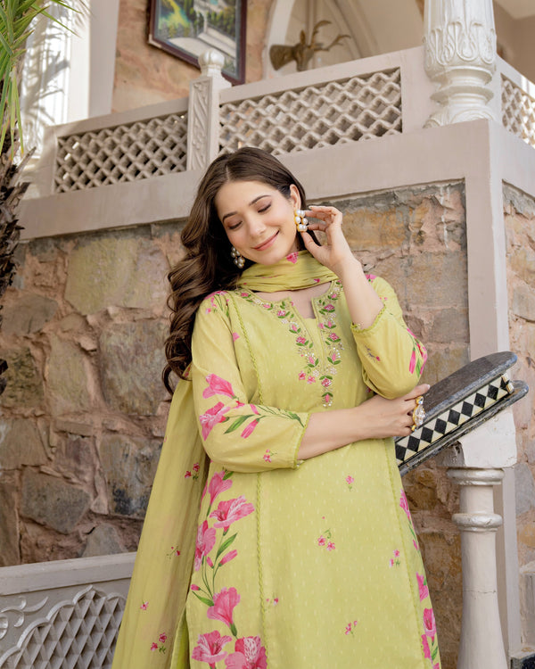 Lime Bloom Floral Handwork Premium Cotton Suit