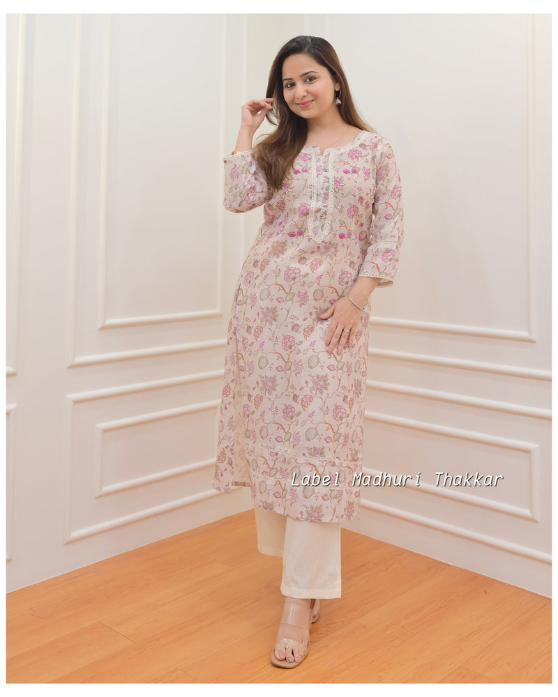 Ivory Linen Floral Kurti