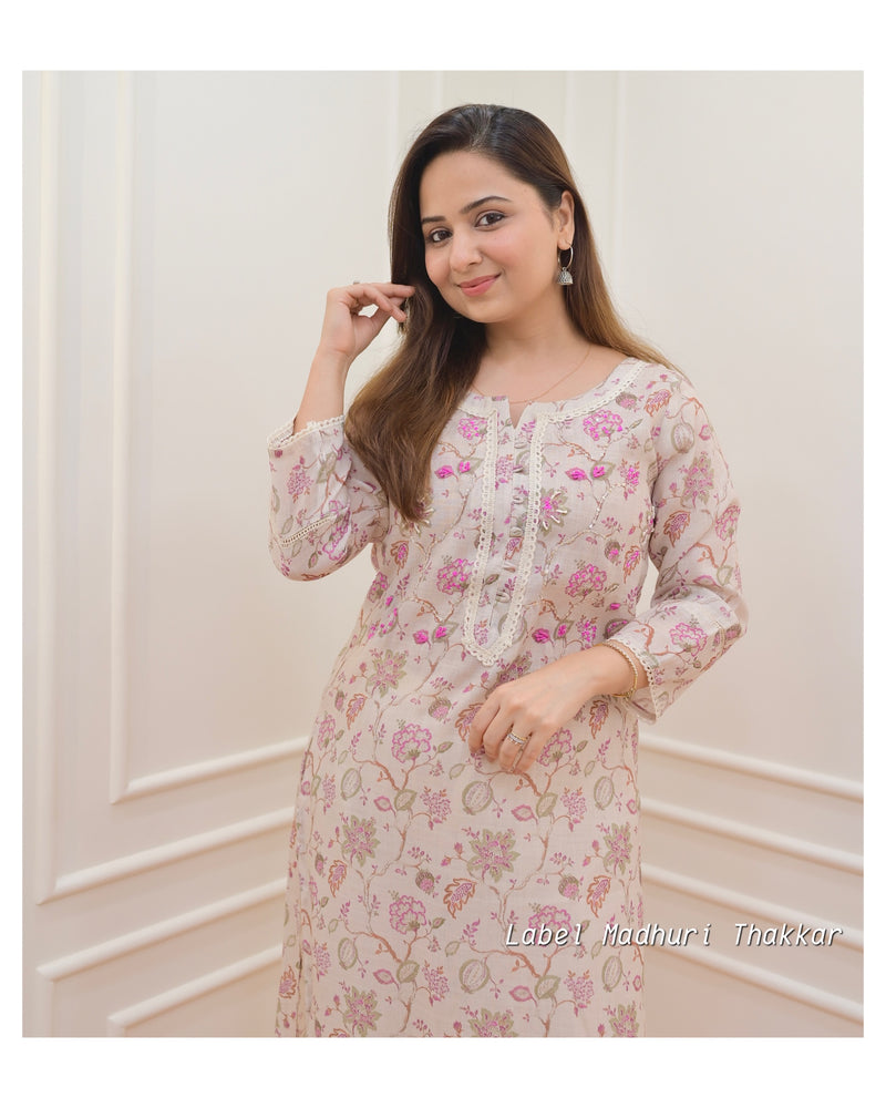 Ivory Linen Floral Kurti