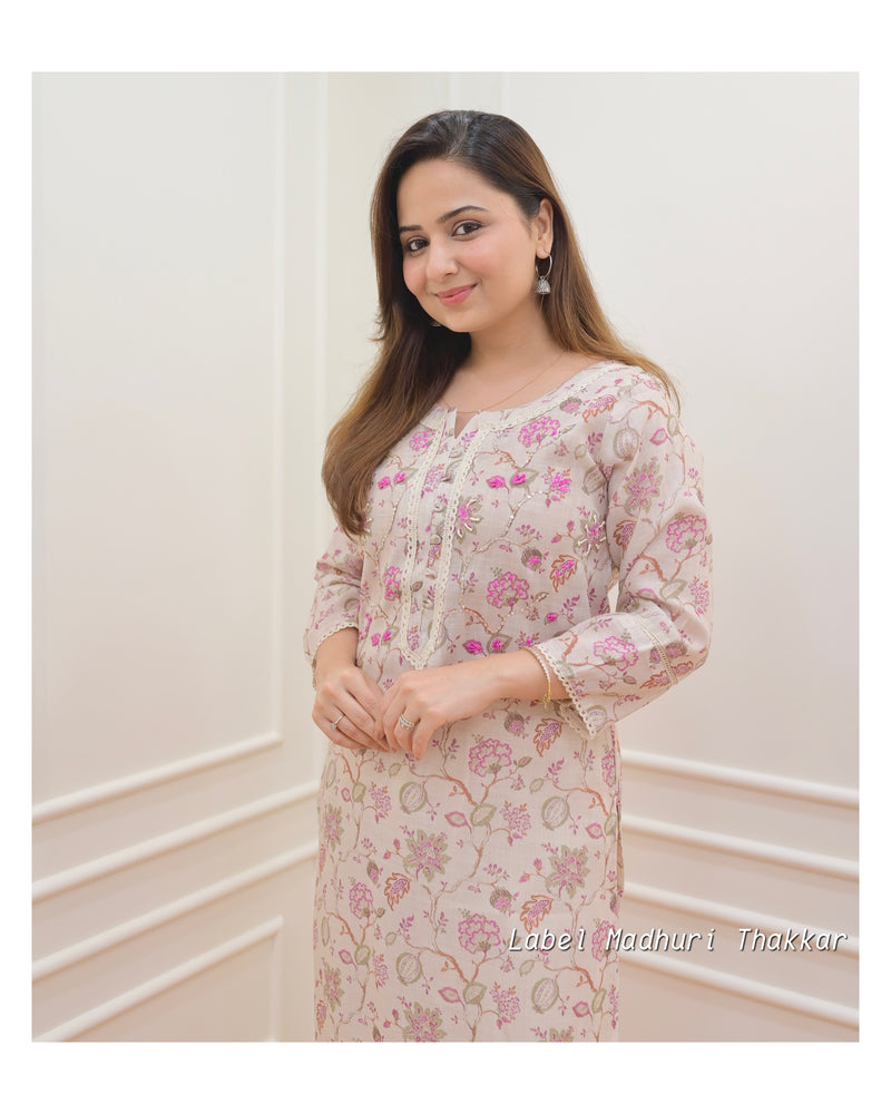 Ivory Linen Floral Kurti