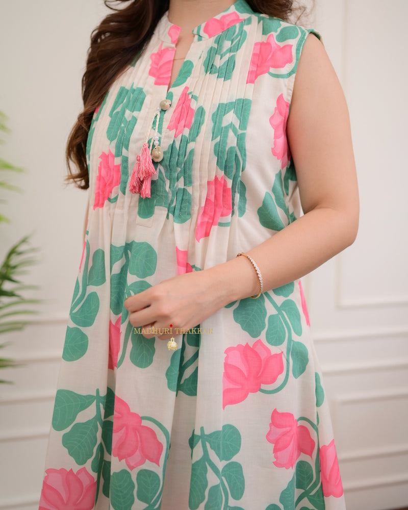 Ivory Pink Floral Pleated A Line Cotton Co-ord