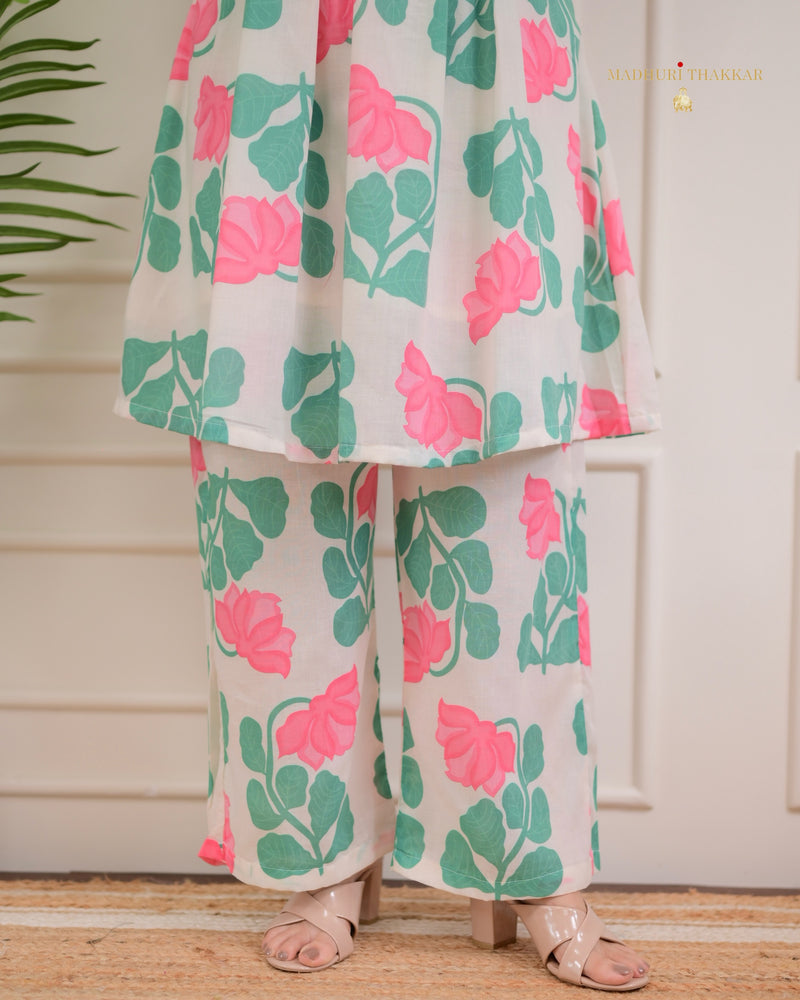 Ivory Pink Floral Pleated A Line Cotton Co-ord