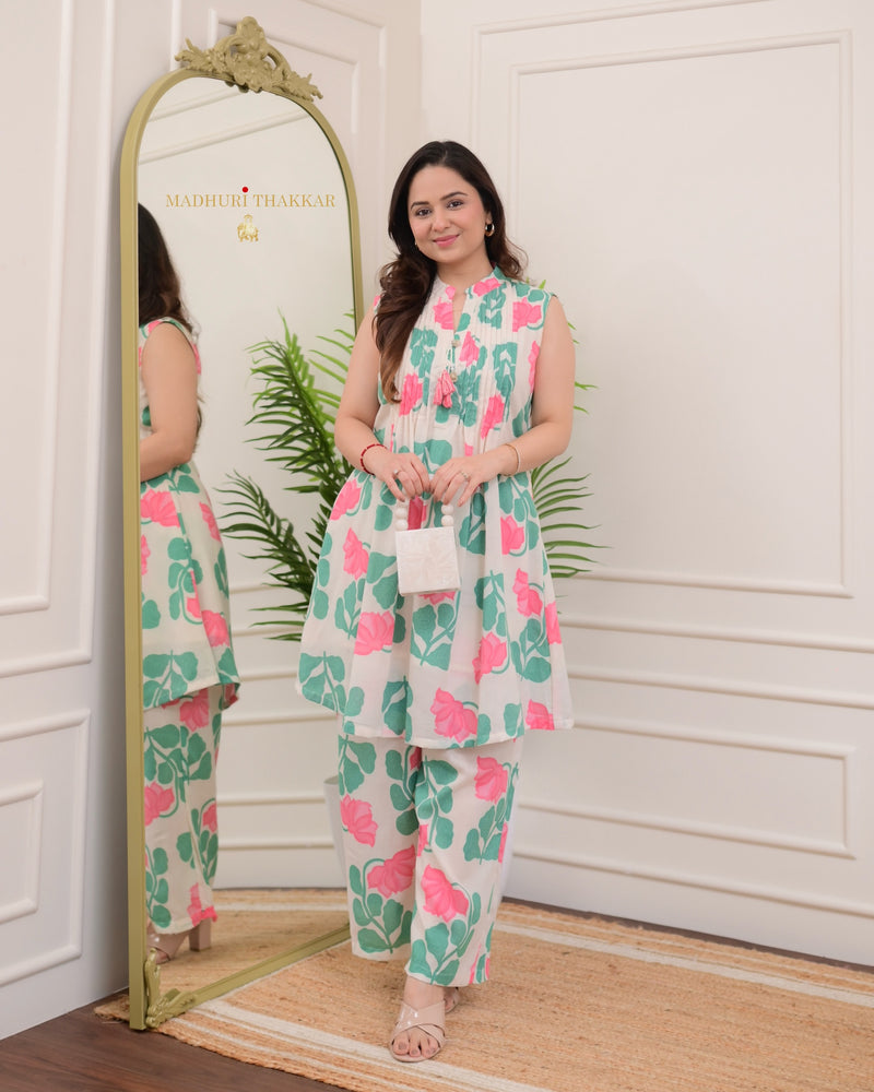 Ivory Pink Floral Pleated A Line Cotton Co-ord