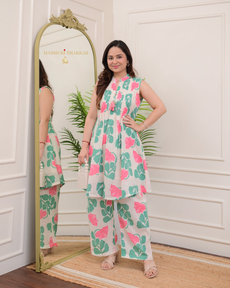 Ivory Pink Floral Pleated A Line Cotton Co-ord