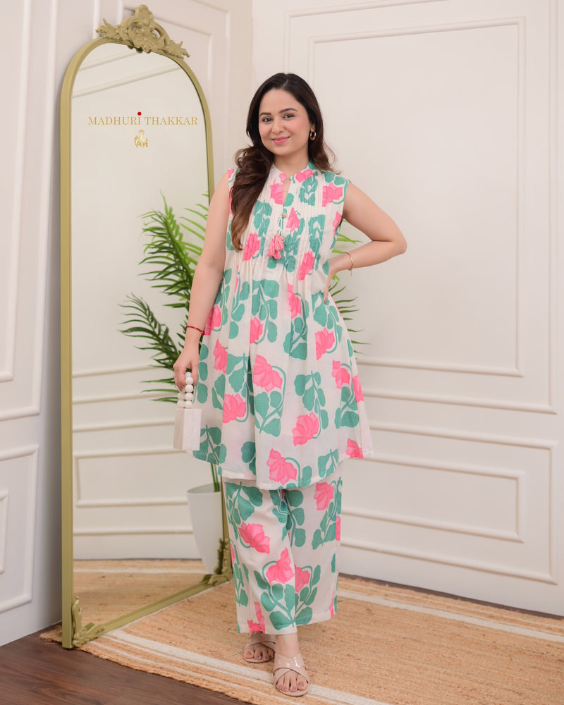 Ivory Pink Floral Pleated A Line Cotton Co-ord