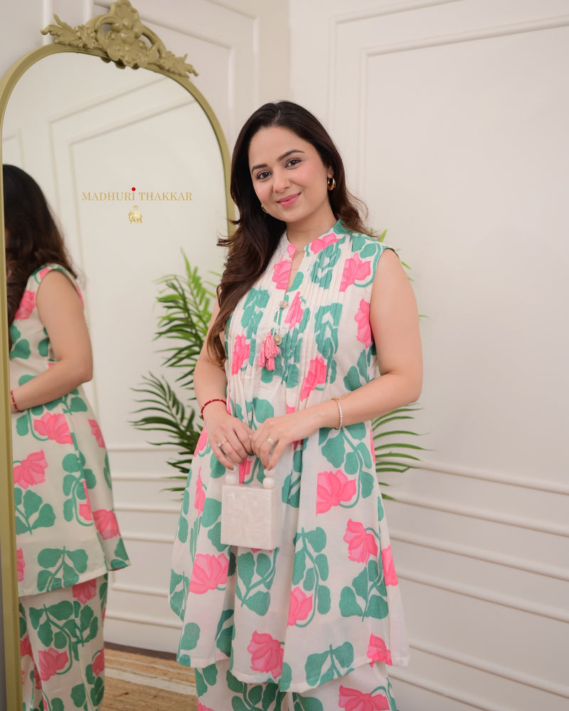 Ivory Pink Floral Pleated A Line Cotton Co-ord