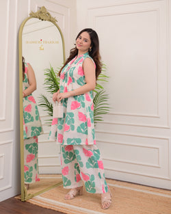 Ivory Pink Floral Pleated A Line Cotton Co-ord
