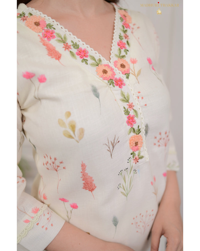 Ivory Linen Floral Suit