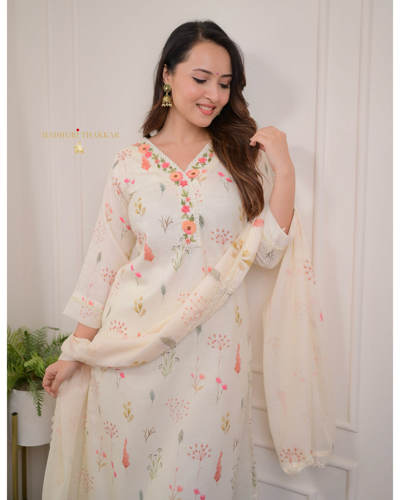 Ivory Linen Floral Suit