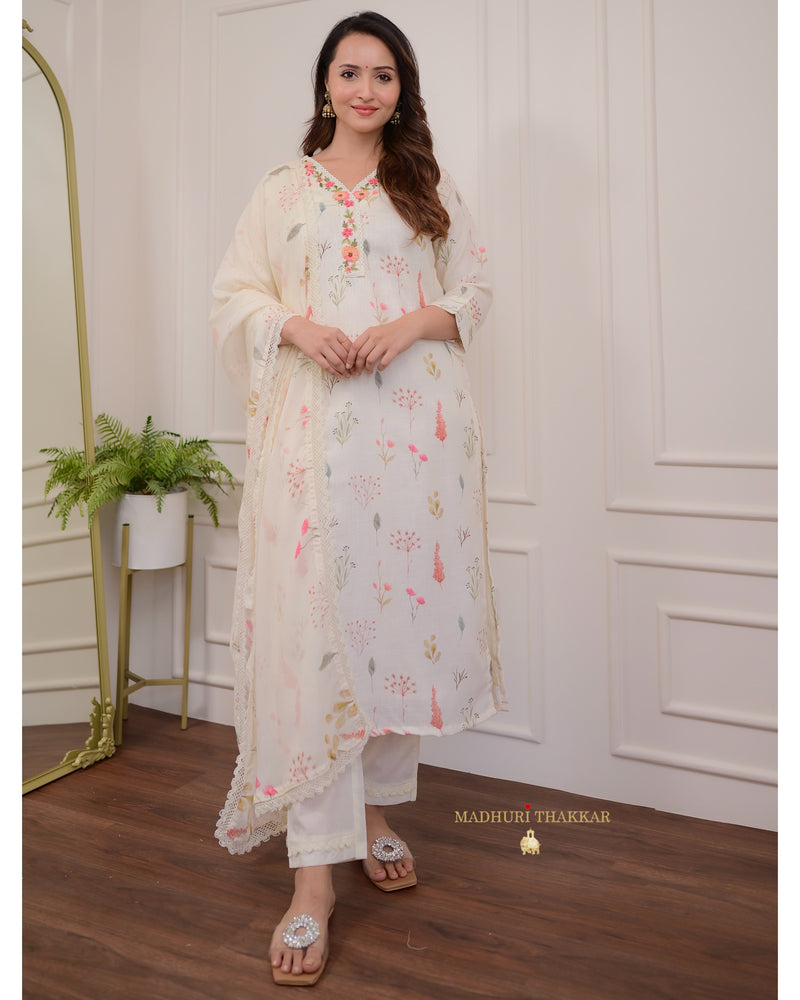 Ivory Linen Floral Suit