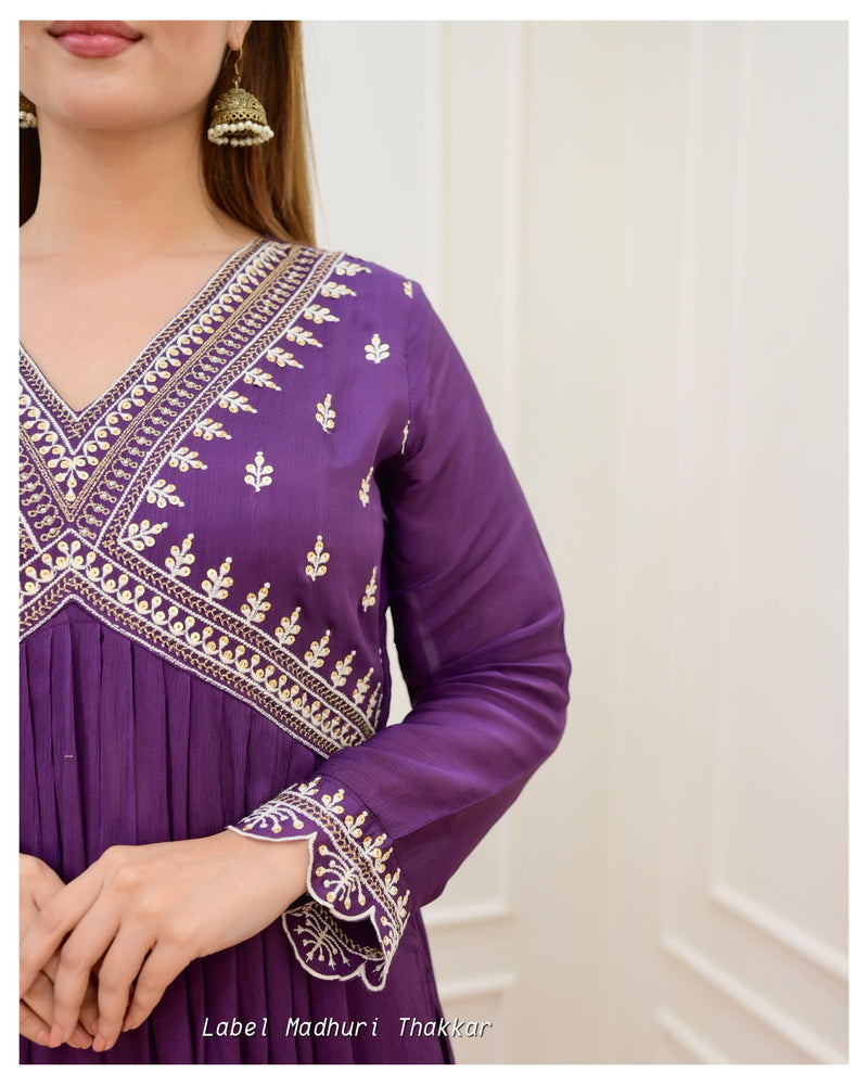 Purple Alia Embroidered Chinnon Suit