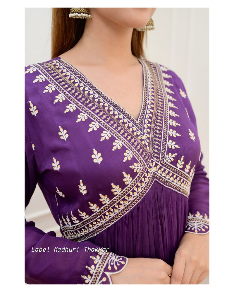 Purple Alia Embroidered Chinnon Suit
