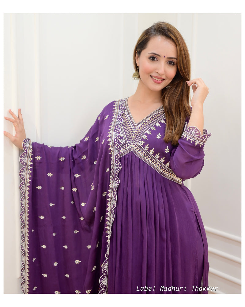 Purple Alia Embroidered Chinnon Suit