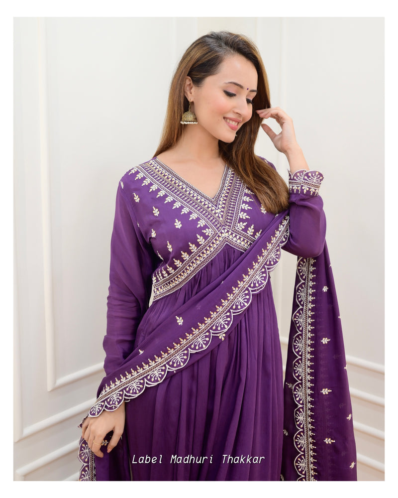 Purple Alia Embroidered Chinnon Suit