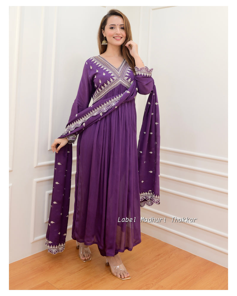 Purple Alia Embroidered Chinnon Suit