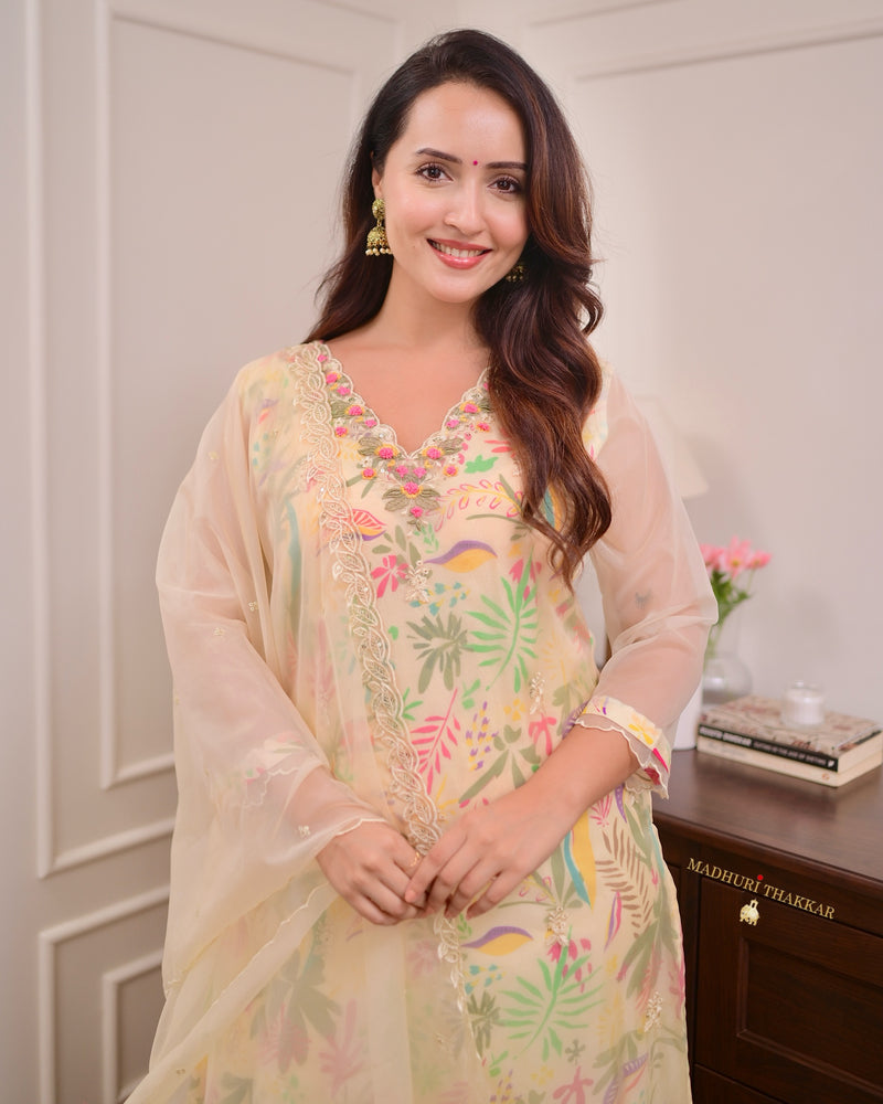 Lemon Yellow Floral Handwork Organza Suit