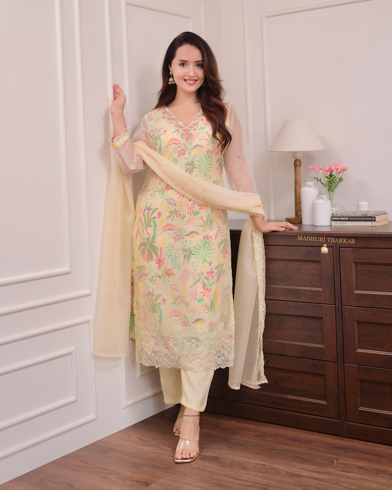 Lemon Yellow Floral Handwork Organza Suit