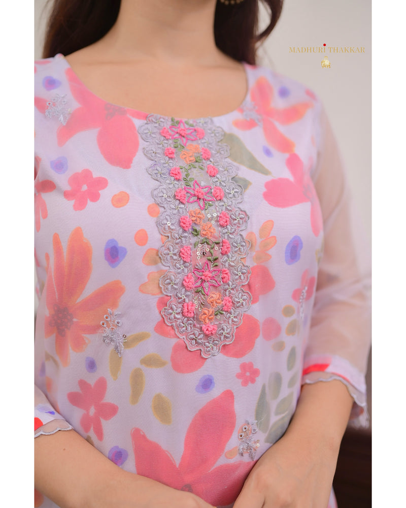 Grey Floral Handwork Organza Suit