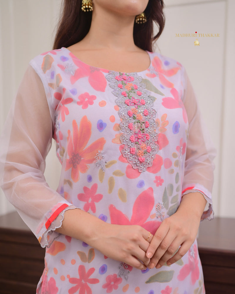 Grey Floral Handwork Organza Suit