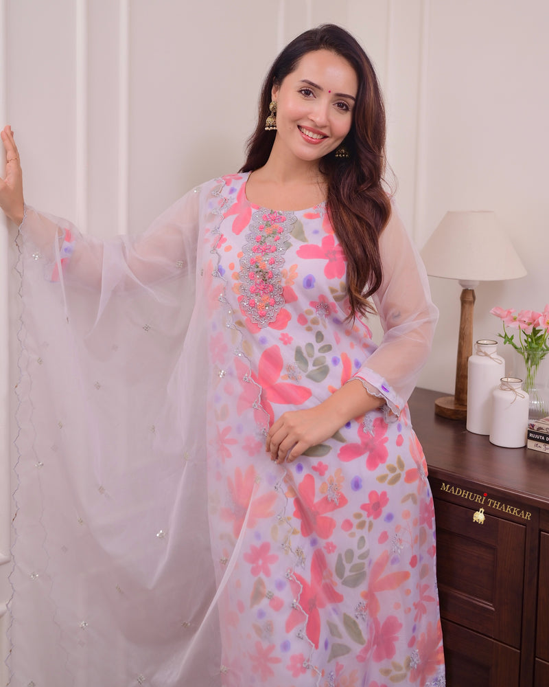 Grey Floral Handwork Organza Suit