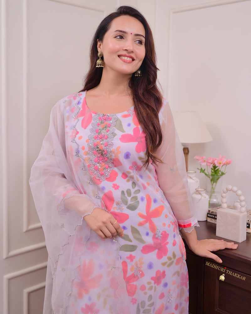 Grey Floral Handwork Organza Suit